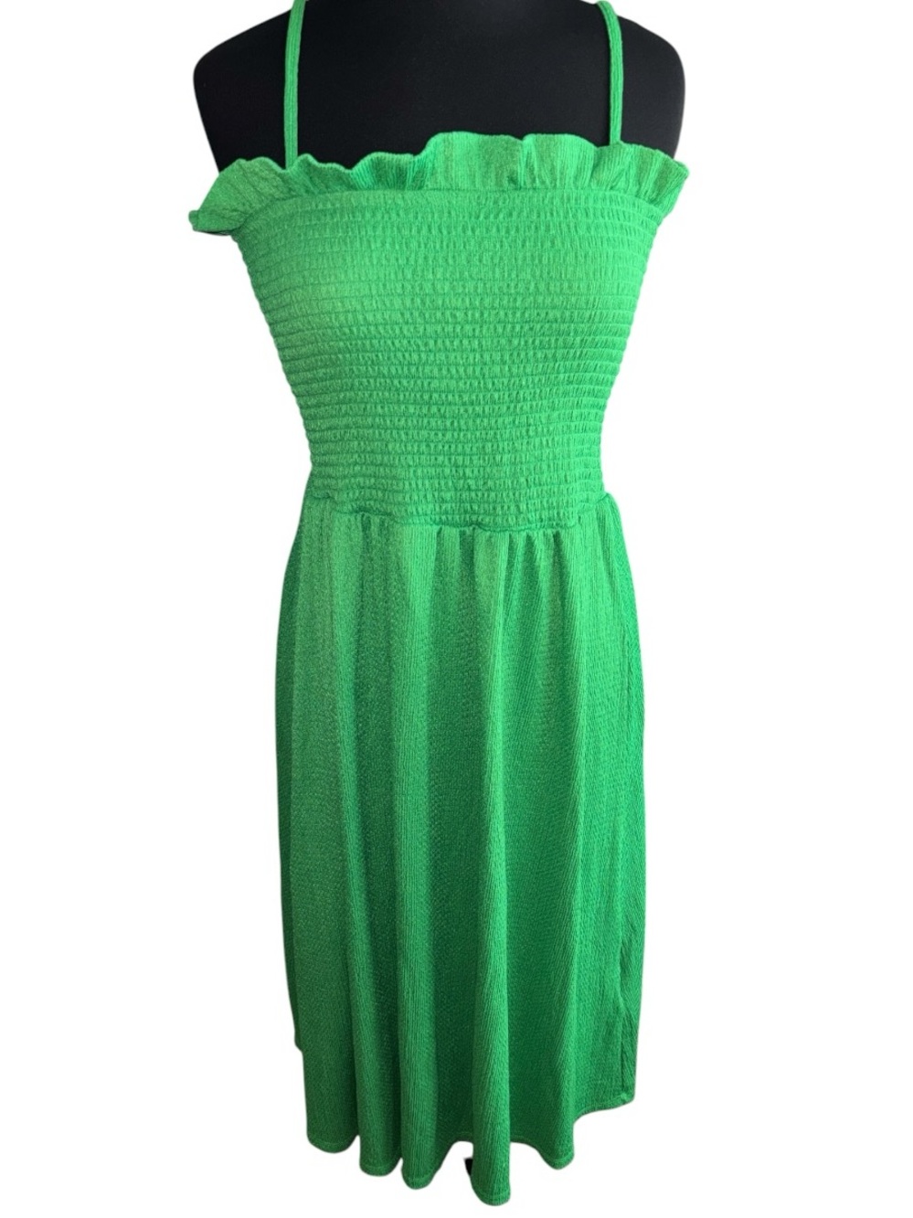 H&M Green Smocked Midi Dress w/Ruffle Neckline, P2P:16-21”, L:45”